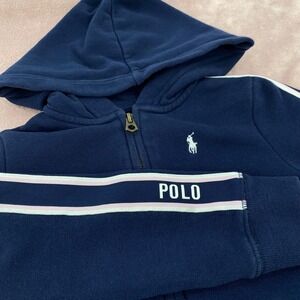 Polo Ralph Lauren Jacket Girls 5 Navy Blue Full Zip Hoodie Striped Logo Sleeve